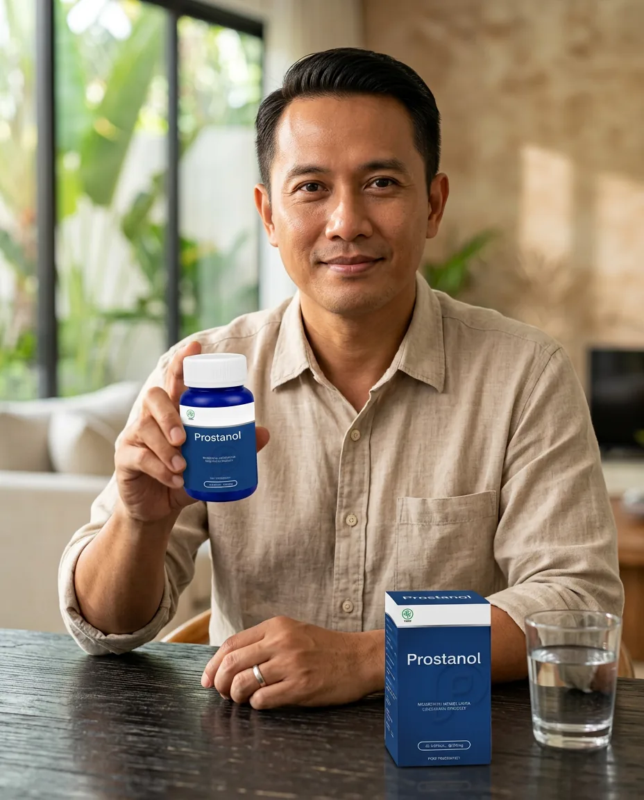 Pria dewasa menunjukkan botol Prostanol