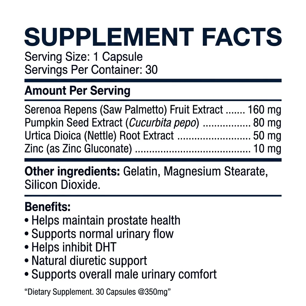 Supplement Facts Prostanol: Serenoa Repens 160 mg, biji labu 80 mg, jelatang 50 mg, zinc 10 mg